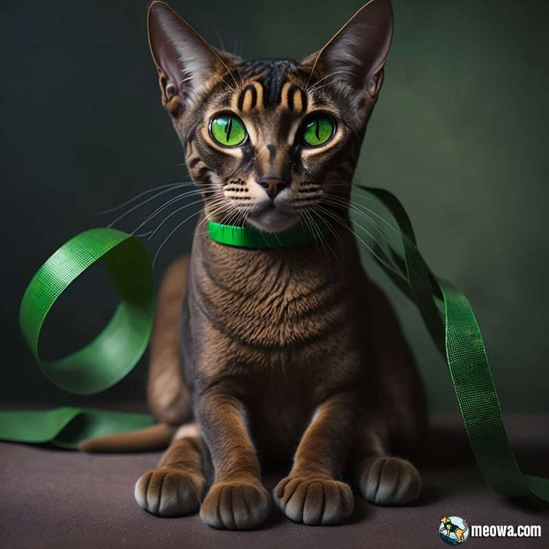Abyssinian cat with big green eyes with a tape measure wrapped around its neck like a collar