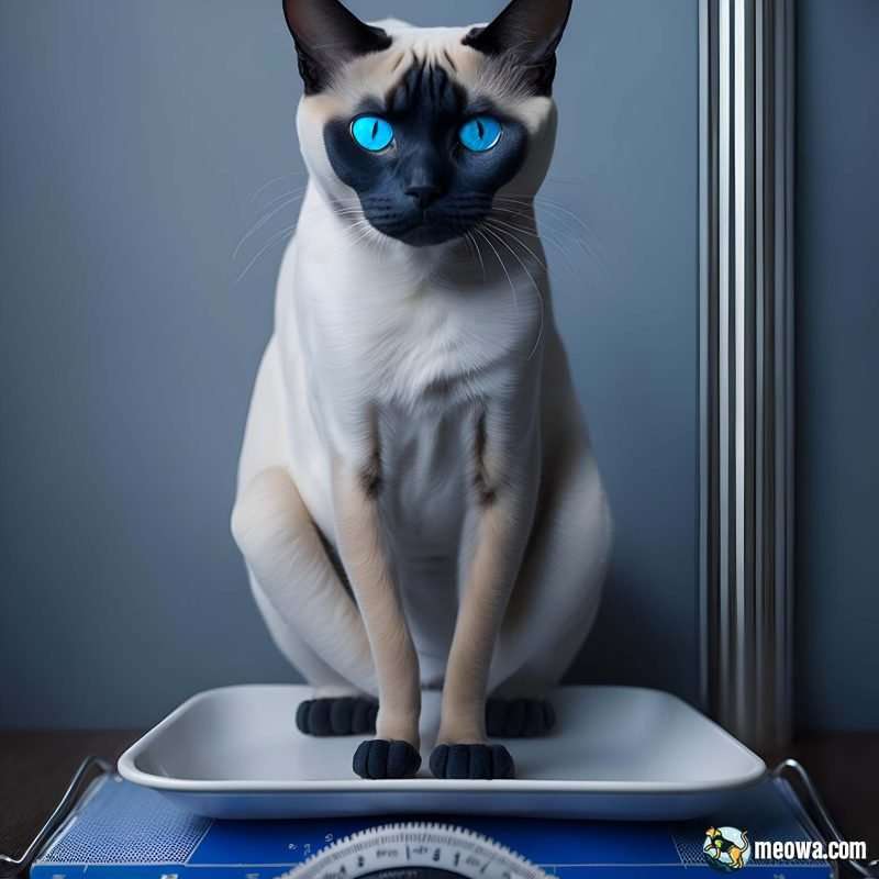 Siamese cat with bright blue eyes, the cat sitting on a bathroom weight scale