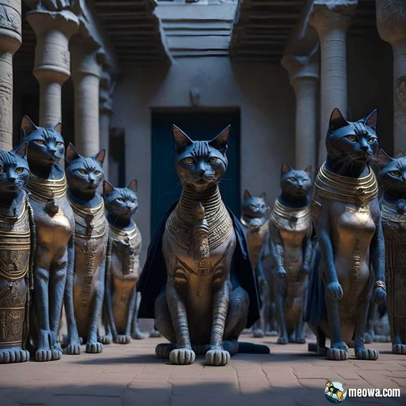 Cérémonie égyptienne antique en l'honneur de la déesse chat Bastet, soulignant le statut vénéré des chats
