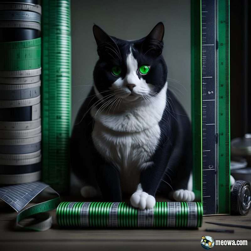 Chat tuxedo noir et blanc aux yeux vert vif, assis sur une surface en bois, entouré de rubans à mesurer et de règles.