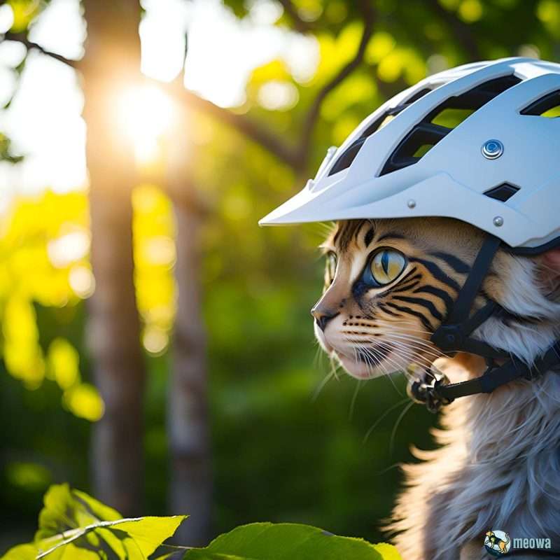 Kitty with a bike helmet on his head