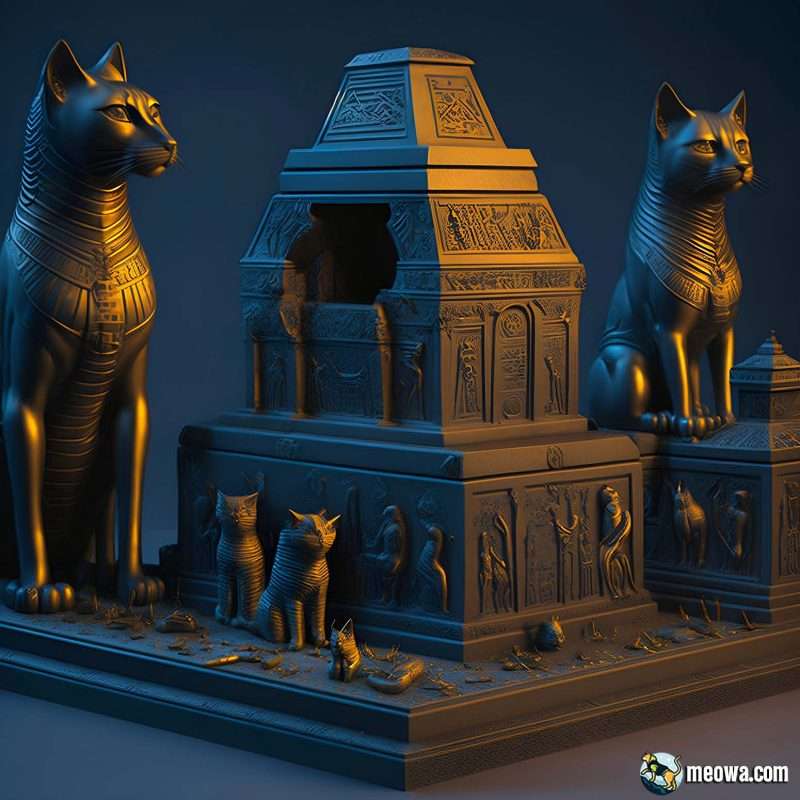 Ancient Egyptian burial chamber with large cat sarcophagus, showcasing regal and divine nature of cats in afterlife