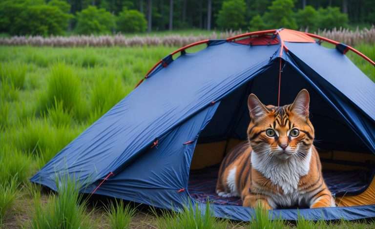 cat camping in a tent in nature