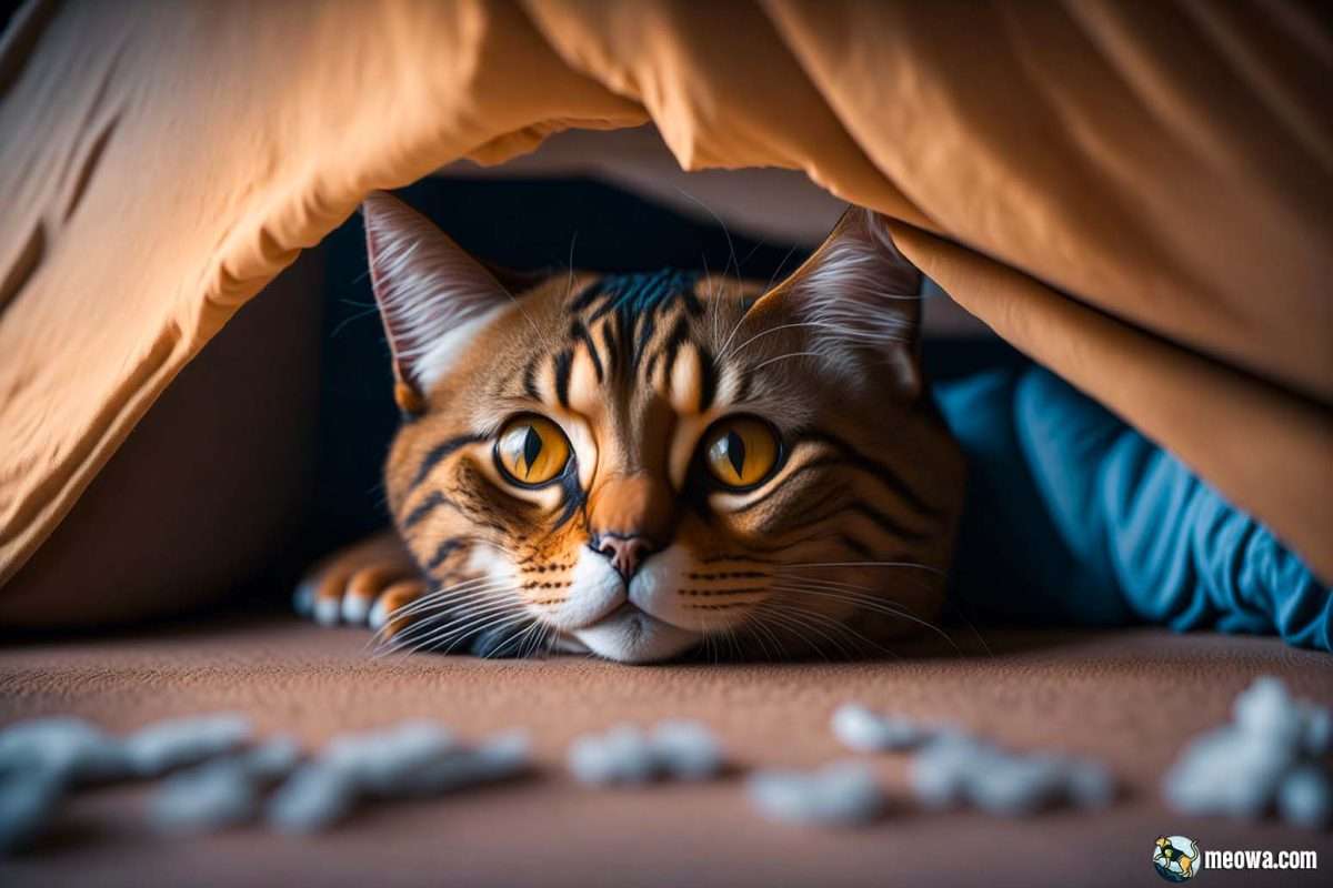 Sad cat with separation anxiety, hiding under the bed