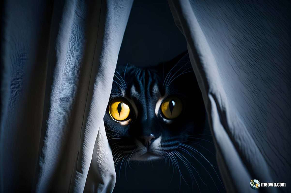 A cat holding a grudge and hiding behind curtains