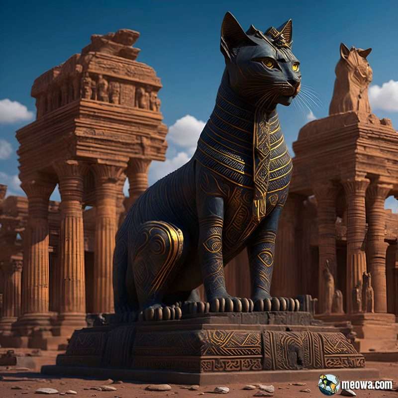 Temple égyptien antique avec une majestueuse statue de chat, présentant des motifs et des symboles complexes