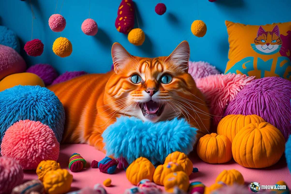 Happy ginger cat home surrounded by toys