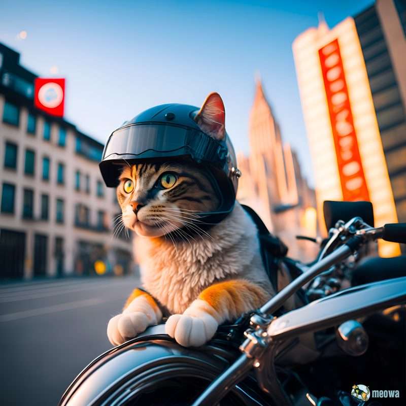 Cat in the city on a motorbike wearing a helmet