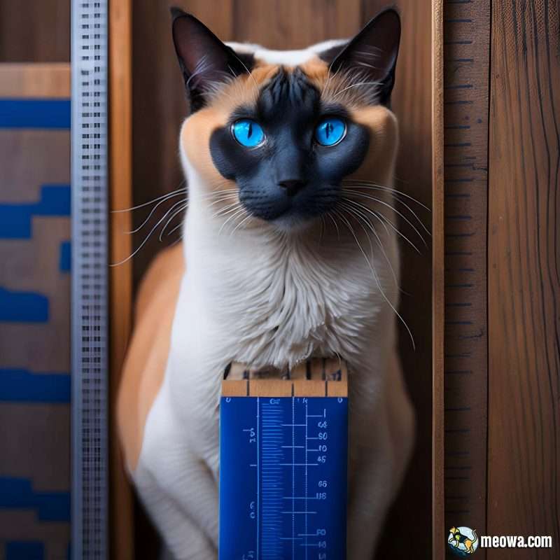 Siamese cat height being measured with a ruler and a measure tape