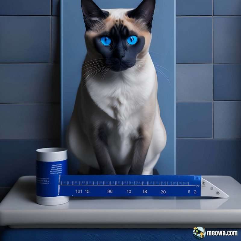 Siamese cat with bright blue eyes, tape measure on the floor