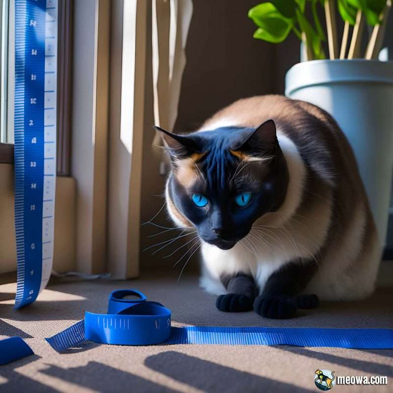 Curious Siamese cat sitting next to a tape measure that is unspooled onto the floor, the tape showing the cat's length and height