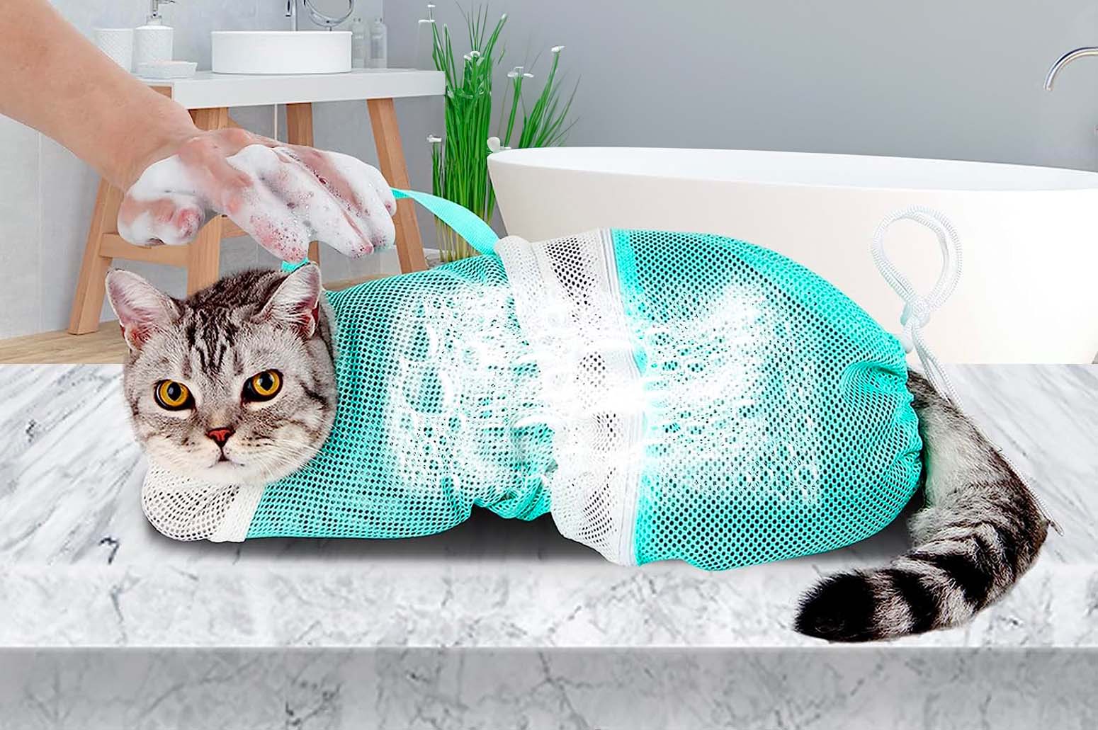 Sac de toilettage anti-stress pour chat pour la douche, la coupe des griffes, etc.