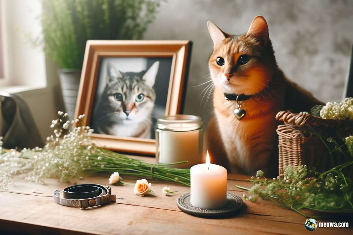 Candle vigil for lost cat with collar, photo, and flowers symbolizing remembrance and honor.