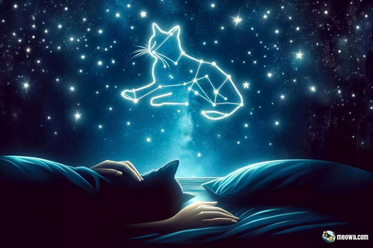 Starry night sky with cat constellation symbolizing eternal companionship.