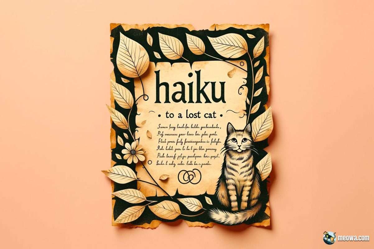 Vintage parchment with haiku for lost cat surrounded by nature elements.